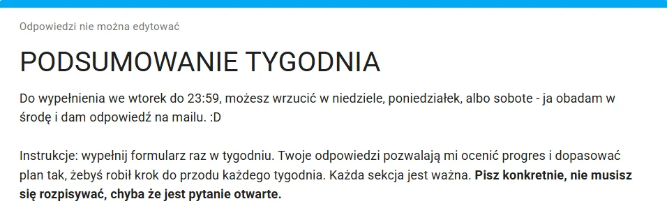 Formularz podsumowania tygodnia z instrukcją wypełniania