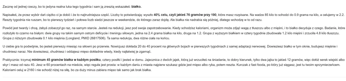Fragment pisemnej odpowiedzi Michała na podsumowanie tygodnia